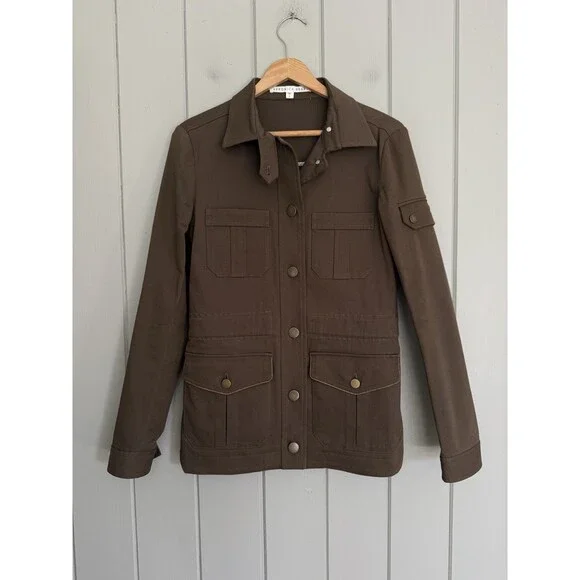 Veronica Beard Army Green Twill Camp Jacket Pockets Collar Button Front